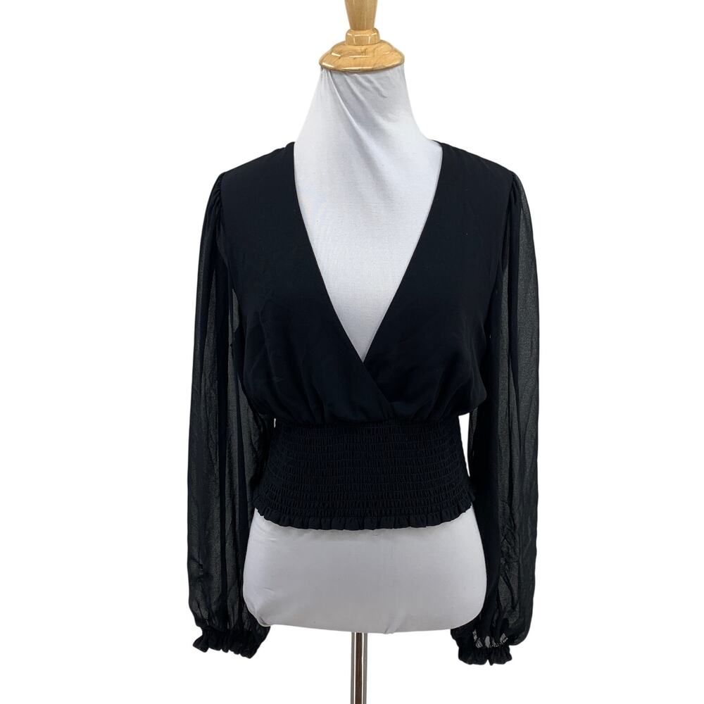 Wilfred Blouse Womens M Medium Black Wistful Sheer Sleeves V Neck Smocked Bodice